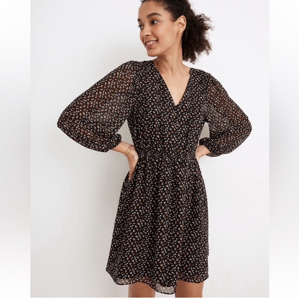 Madewell Black Floral Long-Sleeve V-Neck Dress